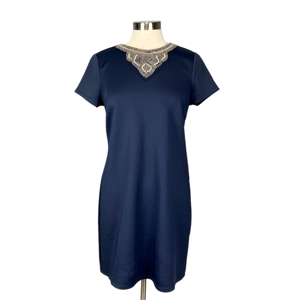 Spense Womens Petite Blue Beaded Dress Short Sleeve Silver Collar size 12P
